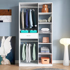 Freestanding Closet System,  Stand-Alone Wardrobe with 6 open Shelves,74.8'' Heigh Closetwith 1 Wood Drawers, Wood Walk-in Closet with 2 Hanging Rod, White