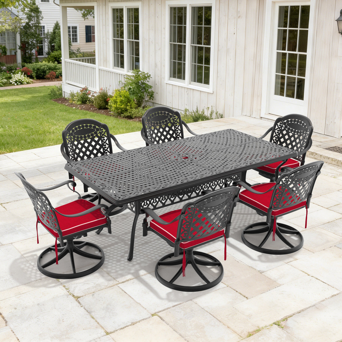 7-Piece All-Weather Cast Aluminum Dining Set, Include 6 Swivel Chairs and Rectangular Table With Black Frame