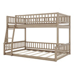 Walnut Full XL over Queen Bunk Bed with Ladder and Guardrails, Solid Wood+MDF, 84.7''L x 63.7''W x 58.3''H