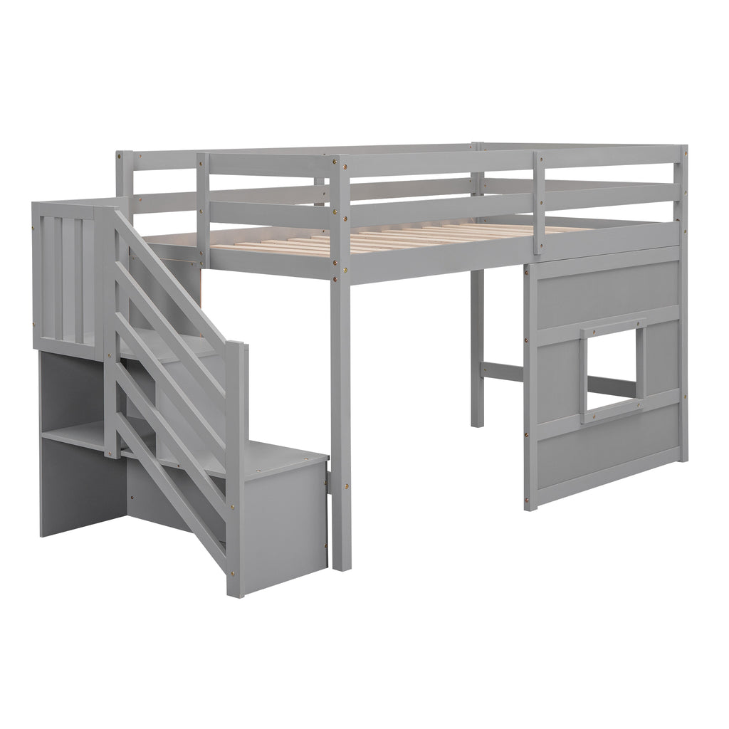 Gray Twin Size Loft Bed with Storage Staircase, Window & LED Light, Made of Pine Wood and MDF, 94.8''L x 41.8''W x 50.6''H