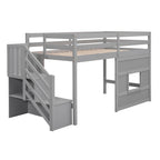 Gray Twin Size Loft Bed with Storage Staircase, Window & LED Light, Made of Pine Wood and MDF, 94.8''L x 41.8''W x 50.6''H