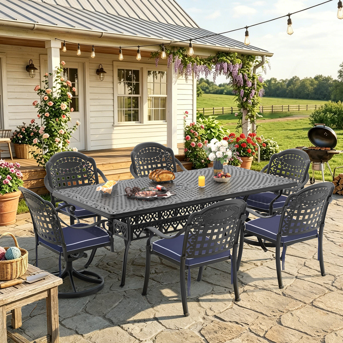 7-Piece All-Weather Cast Aluminum Dining Set, Include 2 Swivel Chairs,6 Dining Chairs and Rectangular Table With Black Frame (same sku:W1710S00420)