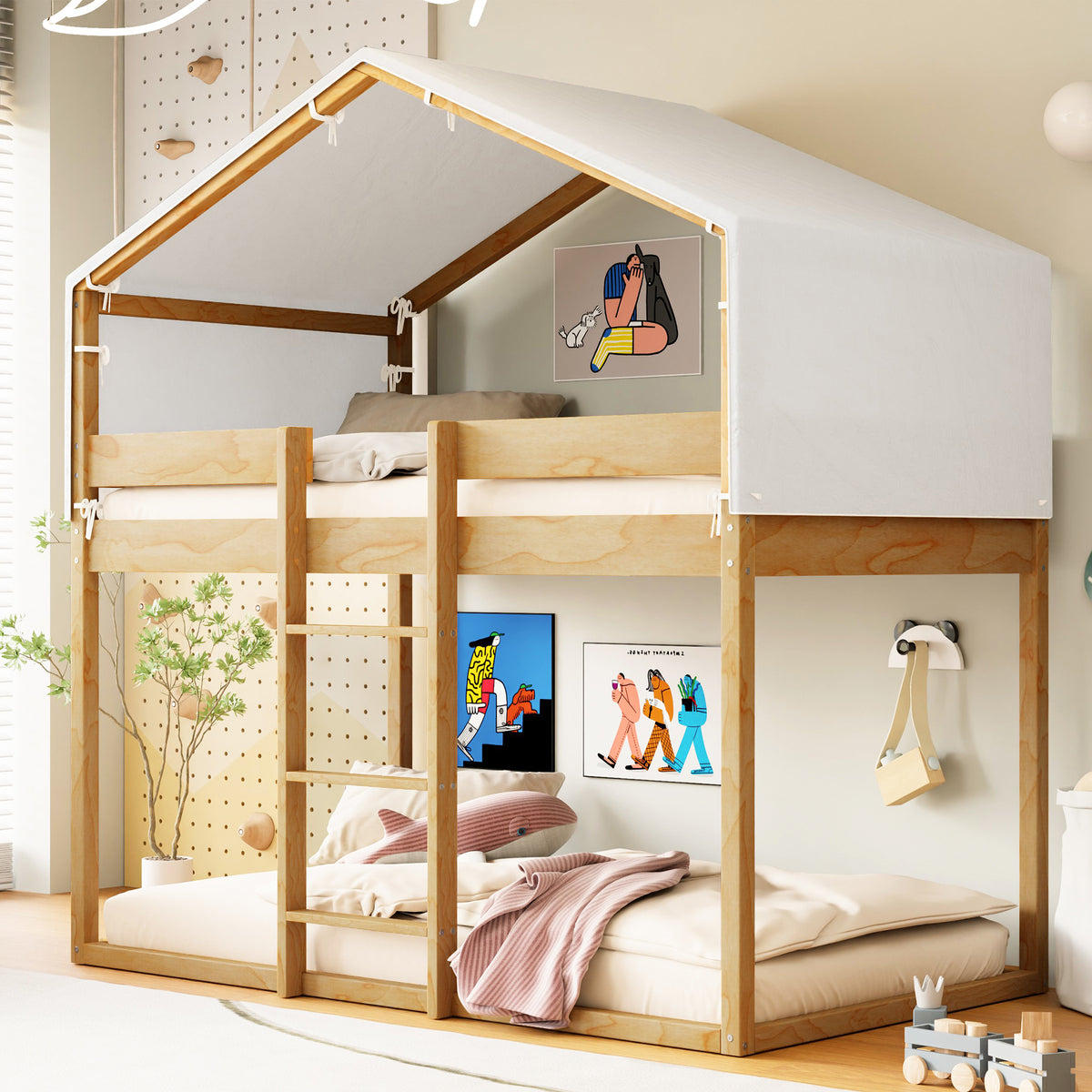 Twin Over Twin Wood Bunk Bed with Tent, Natural(OLD SKU:LT000708AAM)