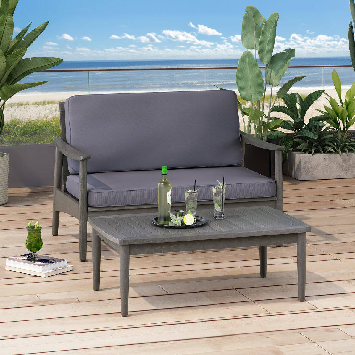Patio Loveseat and Coffee Table Set, Patio Furniture Set with Cushion, Acacia Wood Frame Conversation Set for Garden, Backyard, Porch and Poolside, Minimalistic Style