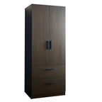 Brook Two-Door Wood Closet with Two Drawers and Hanging Bars in Dark Brown Solid Wood