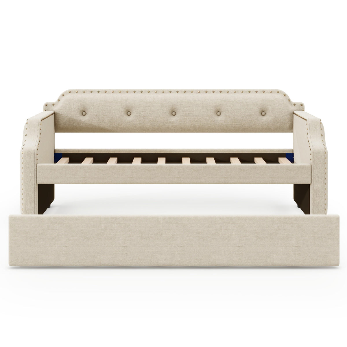 Upholstered Daybed with Trundle, Twin, Beige, Wood Slat Support, Polyester Fabric, 76''L x 39.4''W