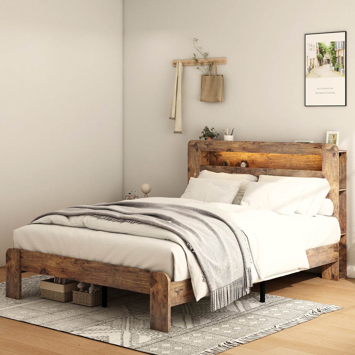Bed Frame Queen Size, Wood Platform Bed Frame with Storage LED Light Headboard and 2 USB , Noise Free,No Box Spring Needed and Easy Assembly Tool,Large Under Bed Storage,Dark Brown