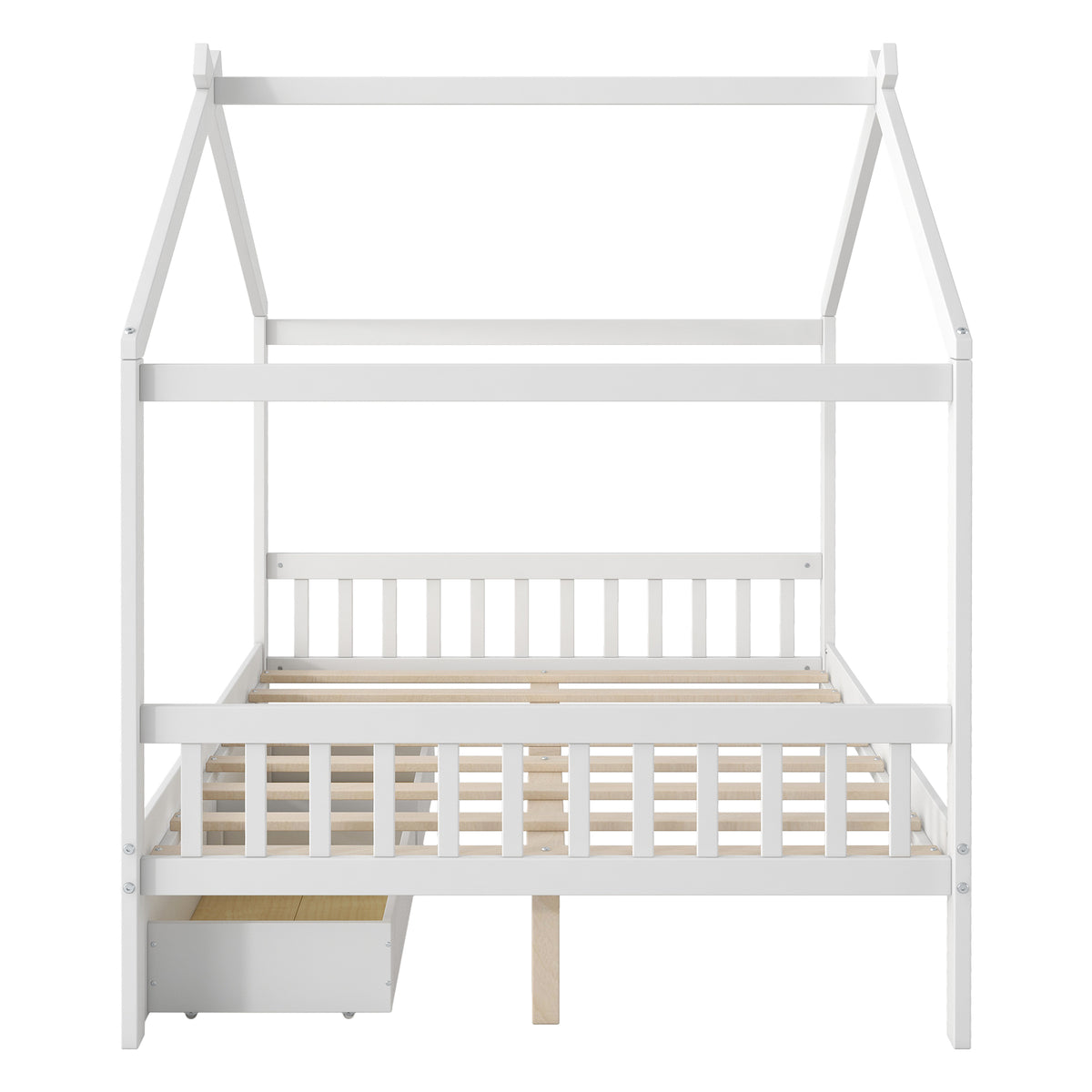White House-Style Full Size Platform Bed with Headboard, Footboard, Two Drawers, and Roof Design - Pine Wood and MDF