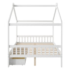 White House-Style Full Size Platform Bed with Headboard, Footboard, Two Drawers, and Roof Design - Pine Wood and MDF