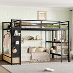 Queen size Loft Bed Frame with Wardrobe,Metal Loft Bed with Storage Shelves and Pegboard,Black