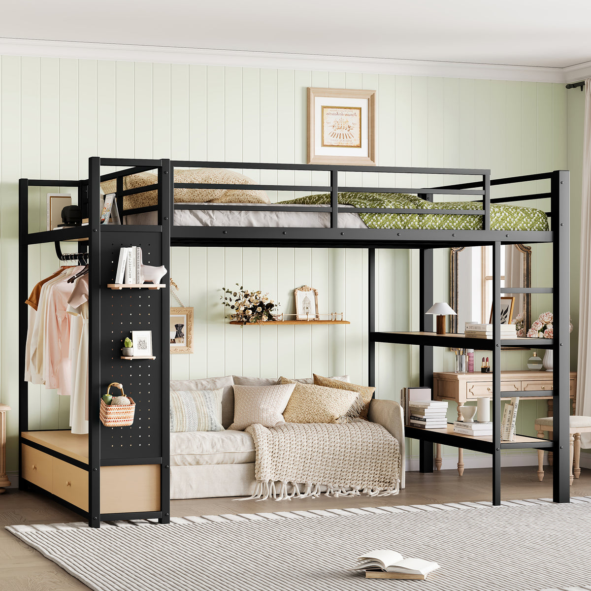 Queen size Loft Bed Frame with Wardrobe,Metal Loft Bed with Storage Shelves and Pegboard,Black