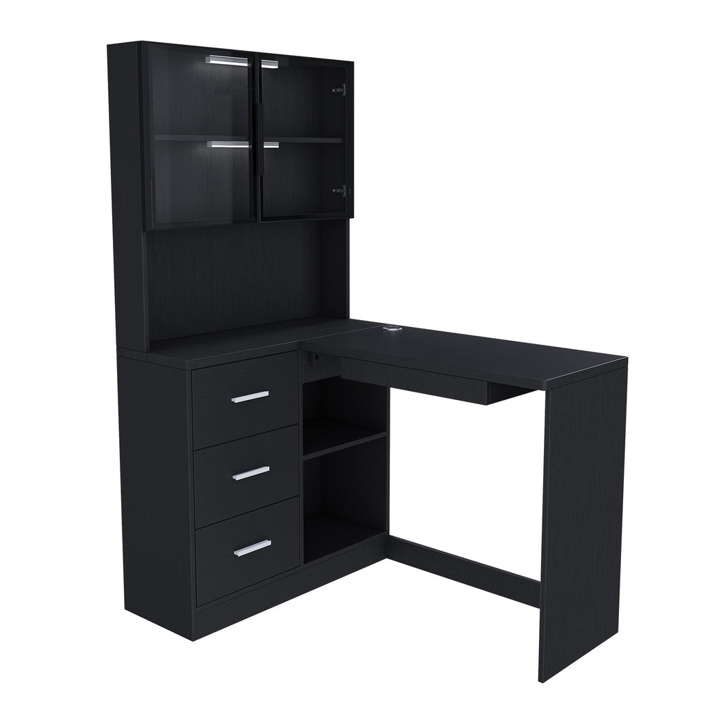 Computer Desk with Glass Cabinets & Built-In LED Lights, Corner L-Shaped Office Desk with USB Charging Ports, Keyboard Tray, Ergonomic Design for Home and Corporate Workspaces(Black)