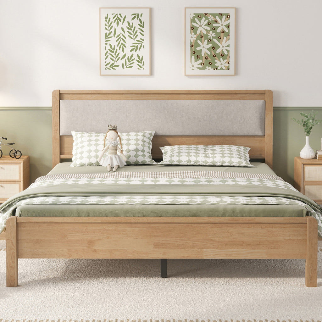 Queen Size, Solid Rubber Wooden Bed with Upholstered Headboard, Reinforced by Central Support Legs,Natural