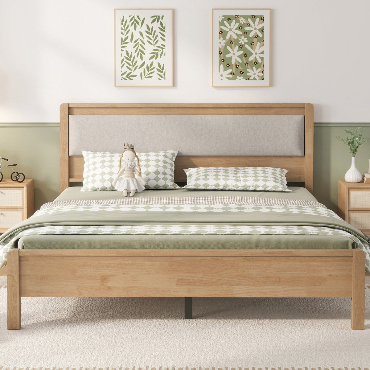 Queen Size, Solid Rubber Wooden Bed with Upholstered Headboard, Reinforced by Central Support Legs,Natural