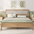 Queen Size, Solid Rubber Wooden Bed with Upholstered Headboard, Reinforced by Central Support Legs,Natural