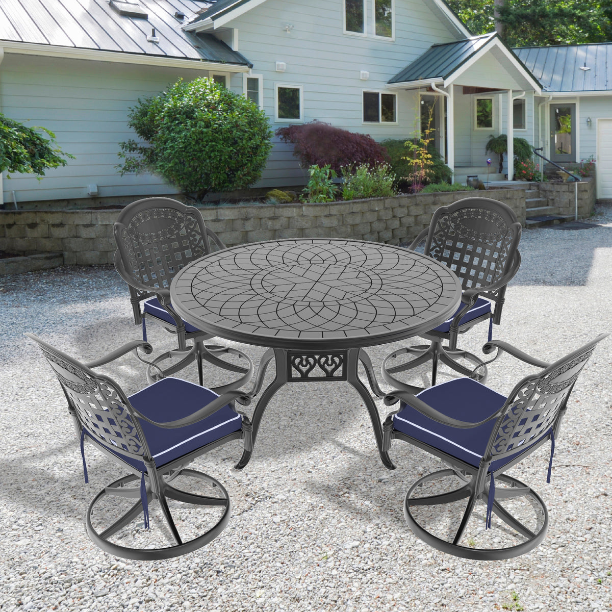 5-Piece All-Weather Cast Aluminum Dining Set, Include 4 Swivel Chairs and 47.24' Round Table With Black Frame(same sku:W1710S00444)