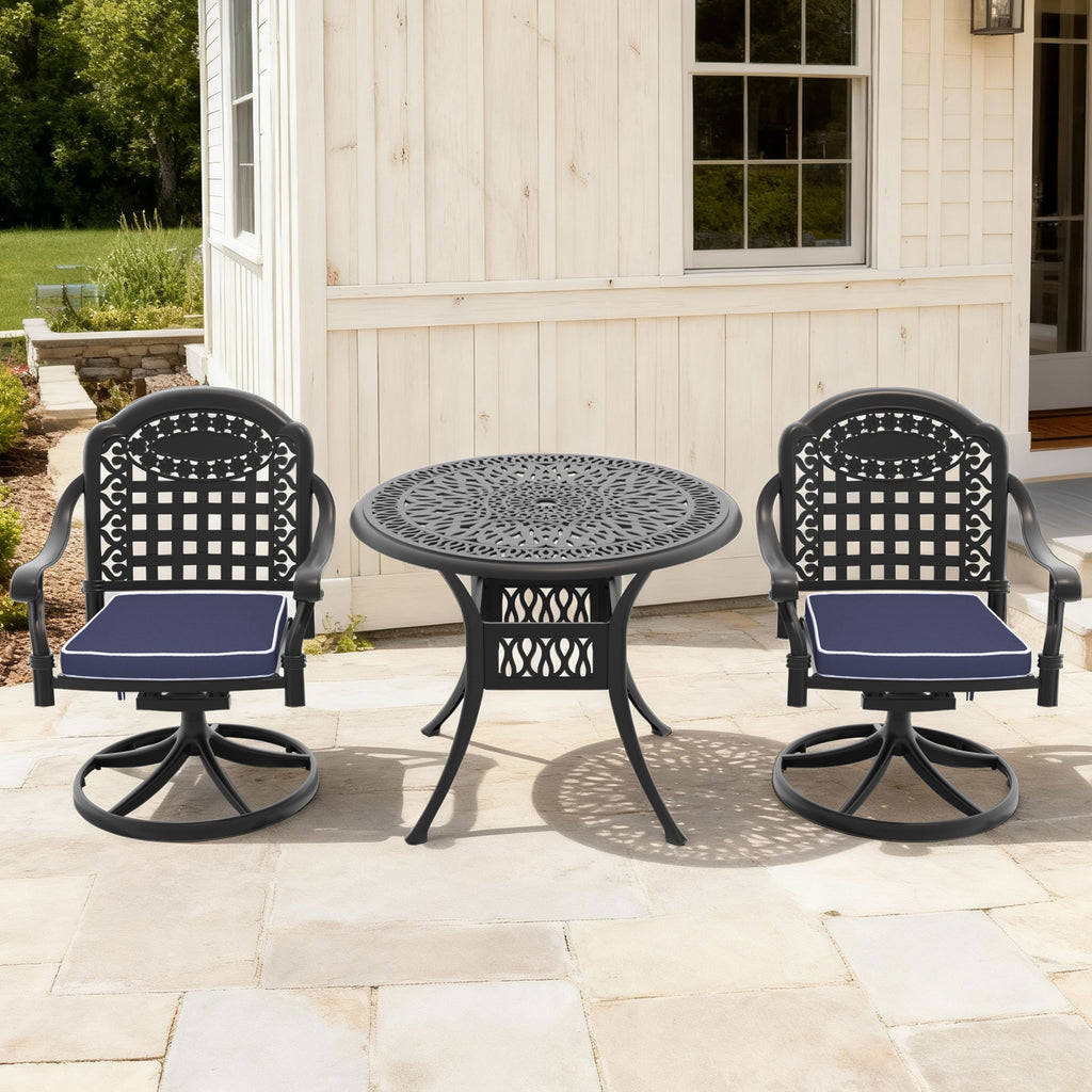 3-Piece All-Weather Cast Aluminum Dining Set, Include 2 Swivel Chairs and 35.43' Round Table With Black Frame