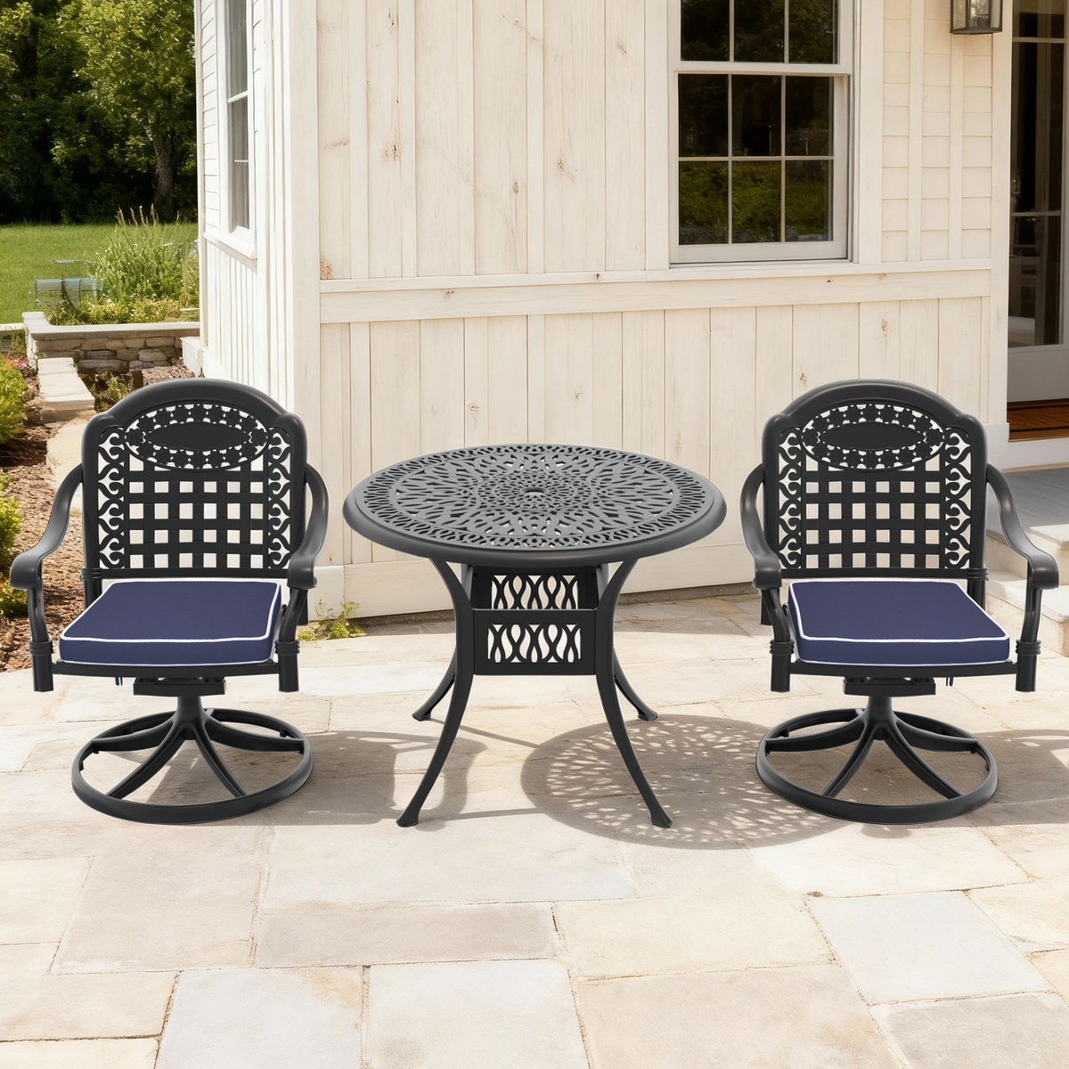 3-Piece All-Weather Cast Aluminum Dining Set, Include 2 Swivel Chairs and 35.43' Round Table With Black Frame