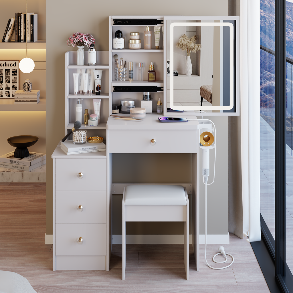 29.2' Small Size Left Bedside Cabinet Vanity Table + Cushioned Stool, 2 AC+2 USB Power Station, Hair dryer bracket, Extra Large Touch Control Sliding LED Mirror, Tri-color Switching, Brightness Adjust