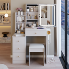 29.2' Small Size Left Bedside Cabinet Vanity Table + Cushioned Stool, 2 AC+2 USB Power Station, Hair dryer bracket, Extra Large Touch Control Sliding LED Mirror, Tri-color Switching, Brightness Adjust