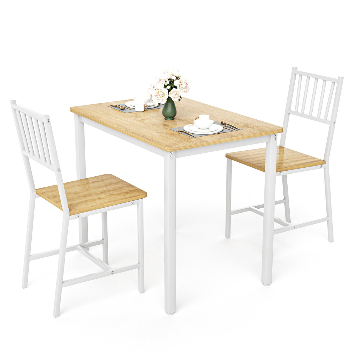 Dining Table Set, Bar Table with 2 Dining chairs, Kitchen Table Counter with Chairs, Industrial for Kitchen Breakfast Table, Living Room, Party Room,Natural and White,35.4″L x23.6″W x 29.7″H