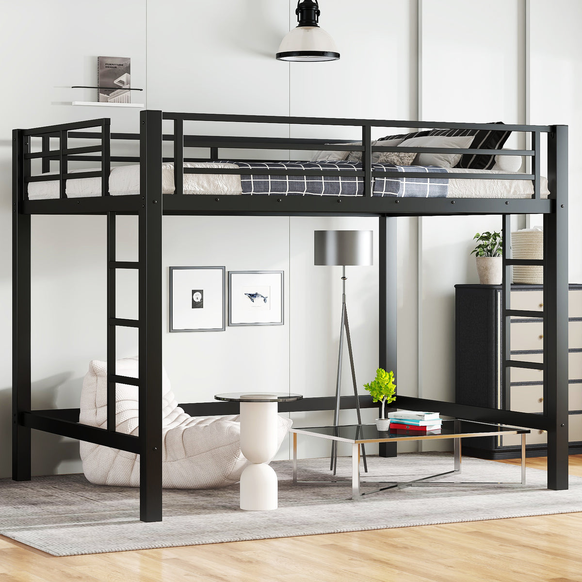 Full Size Metal Loft Bed, Loft Bed with Easy Climbing Ladder and Guardrails , Black