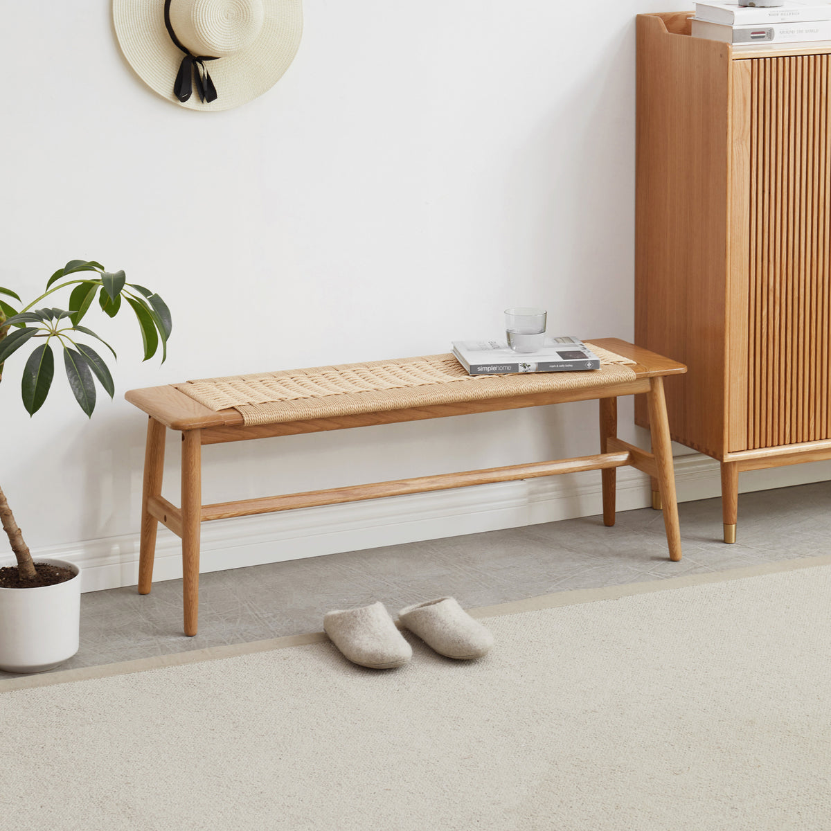 (1.1M) Woven Design Natural Oak Wood Dining Bench Bed Bench for Dining Room, Bedroom, Living Room