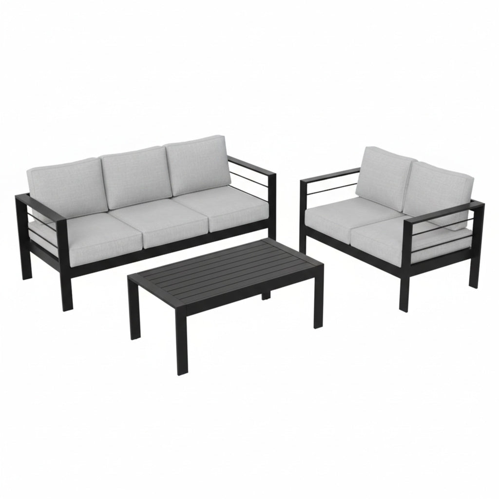 Modern 3-Piece Aluminum Patio Set with Light Gray Olefin Cushions, Black Powder-Coated Frame, and WPC Coffee Table