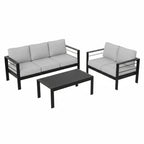 Modern 3-Piece Aluminum Patio Set with Light Gray Olefin Cushions, Black Powder-Coated Frame, and WPC Coffee Table