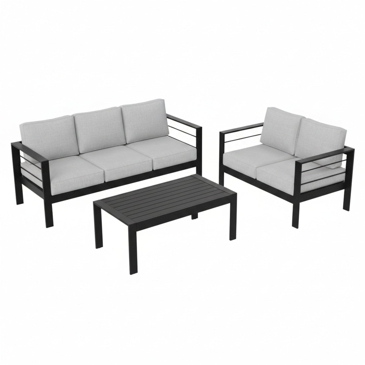 Modern 3-Piece Aluminum Patio Set with Light Gray Olefin Cushions, Black Powder-Coated Frame, and WPC Coffee Table