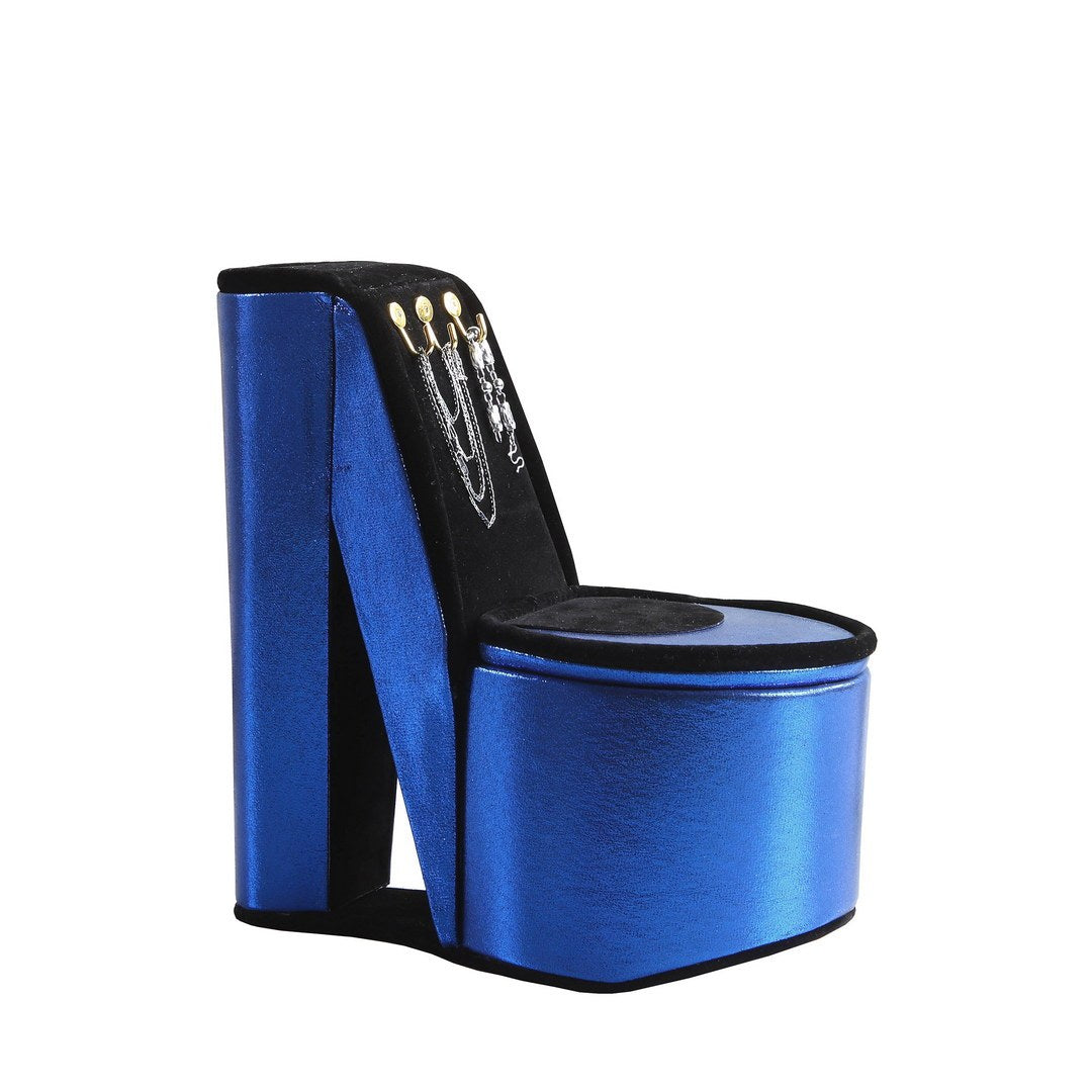 9' Tall Display Jewelry Box with Hooks, High Heel Shoe Design, Blue Velvet
