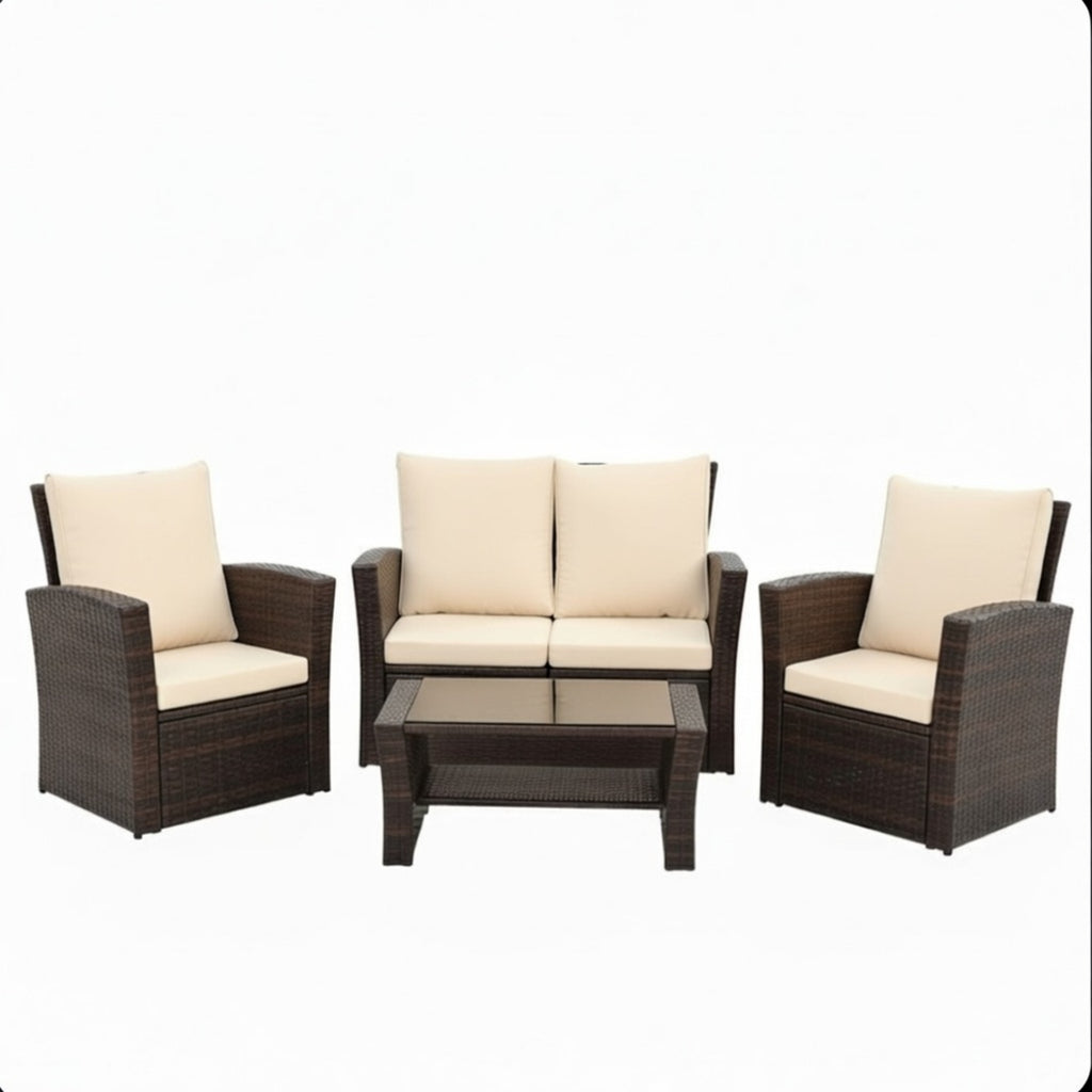 Modern Brown All-Weather PE Wicker Patio Set with Cushions and Glass Table