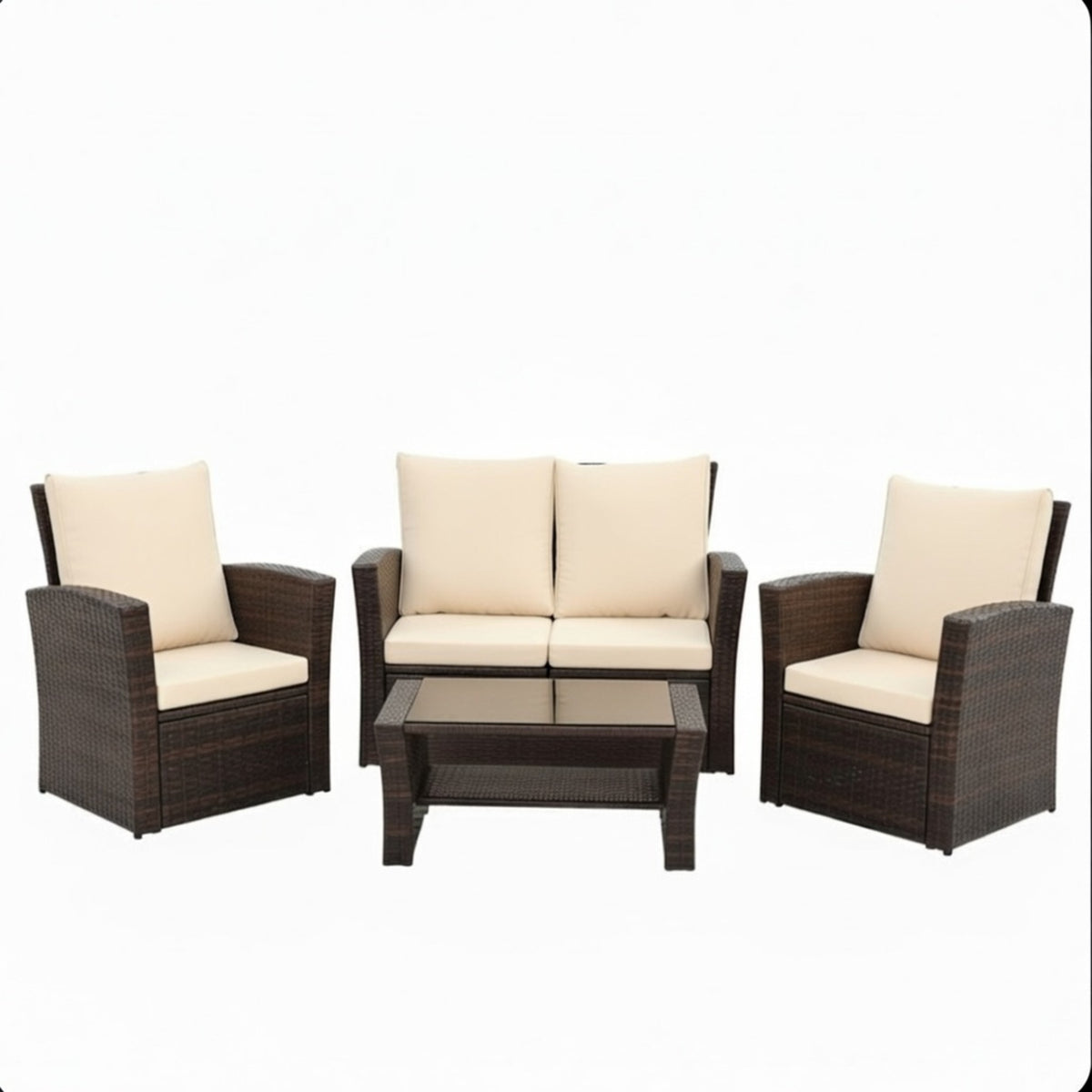 Modern Brown All-Weather PE Wicker Patio Set with Cushions and Glass Table