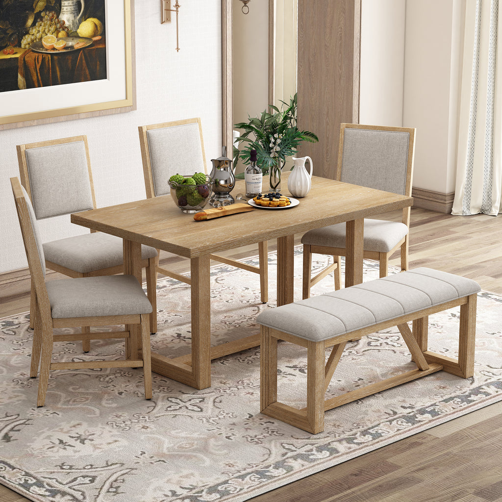 TREXM 6-Piece Retro Dining Table Set for 6, 60' Wood Kitchen Table and Chairs Set of 4 with Bench Designed Trestle Base for kitchen & Dining Room (Natural)