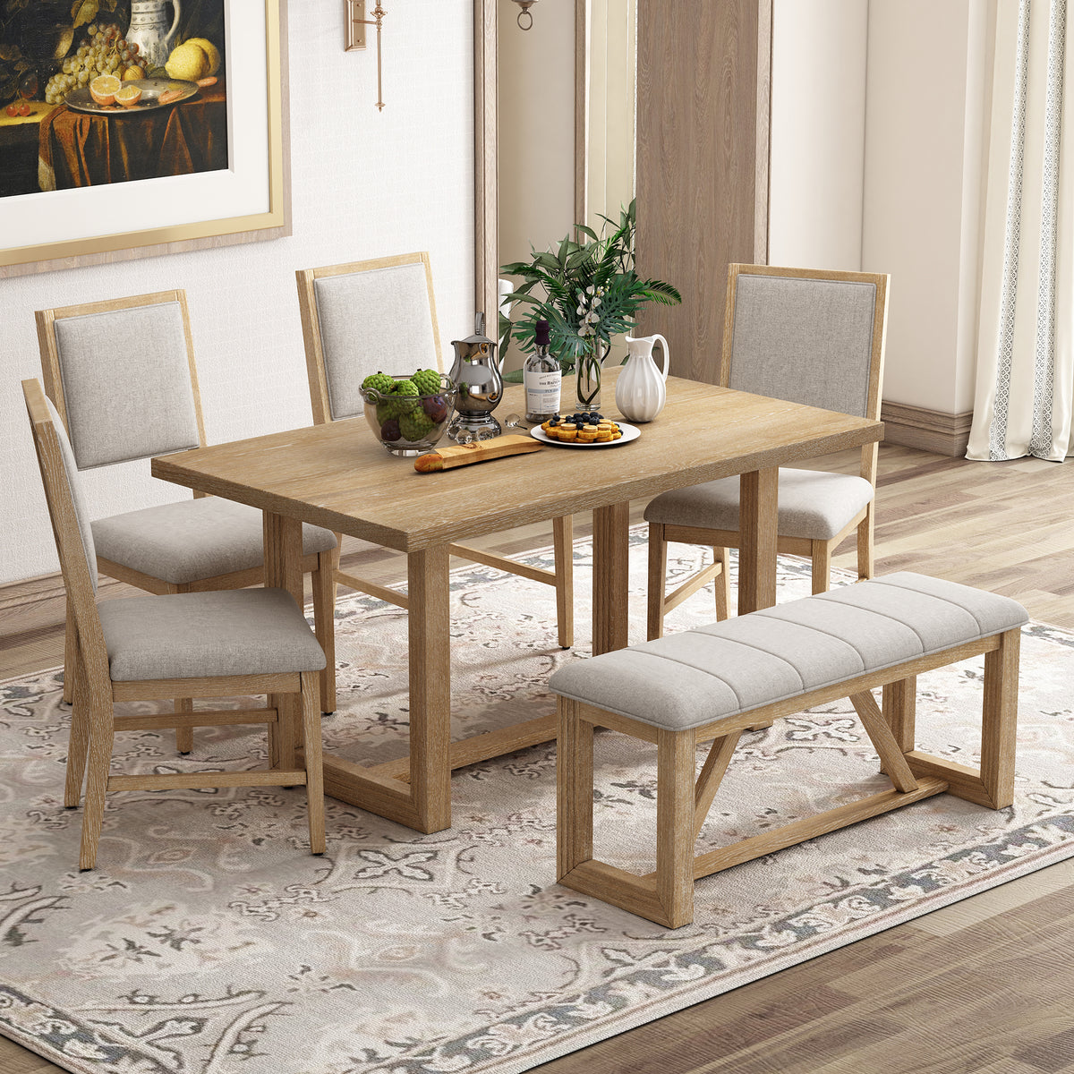 TREXM 6-Piece Retro Dining Table Set for 6, 60' Wood Kitchen Table and Chairs Set of 4 with Bench Designed Trestle Base for kitchen & Dining Room (Natural)