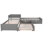 L-shaped Platform Bed with Trundle and Drawers Linked with Built-in Desk, Twin, Gray Pine Wood, 119.6''L x 119.6''W x 30''H