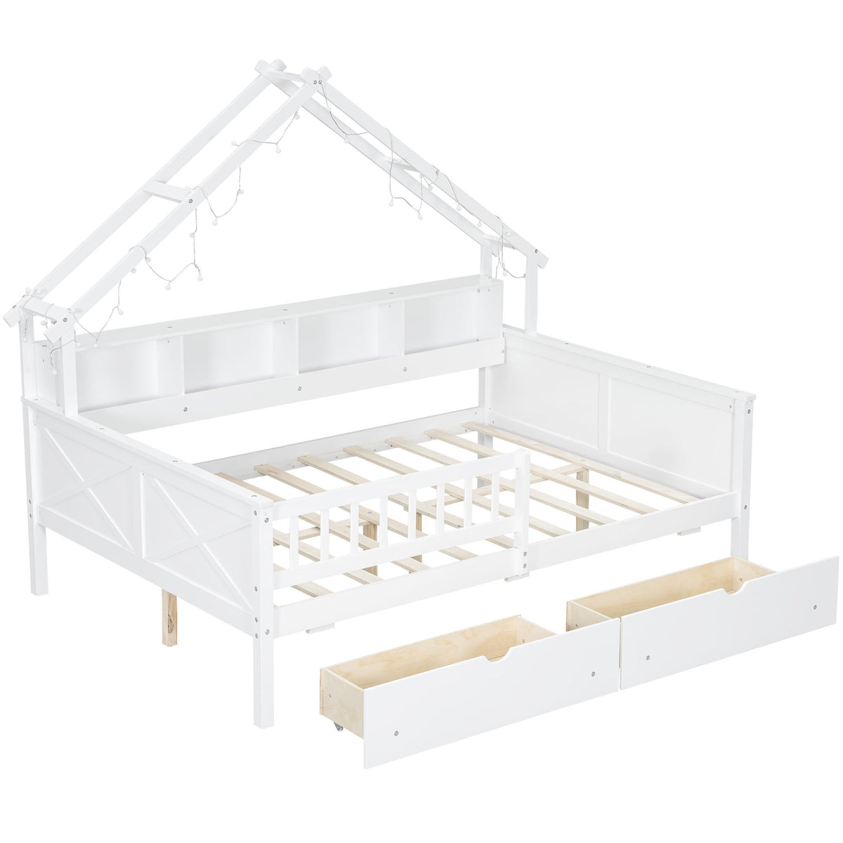 White House-Style Full Size Platform Bed with LED Lights, Storage Shelves, Drawers, and Guardrail - Pine Wood & MDF