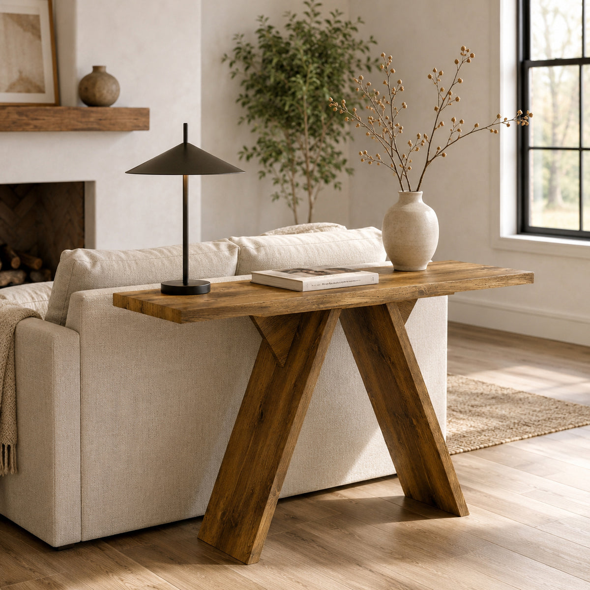 Narrow Console Table with V-Shaped Base in Natural Wood Finish, 43.4-Inch Long Entryway Table for Hallway, Living Room, or Behind Sofa