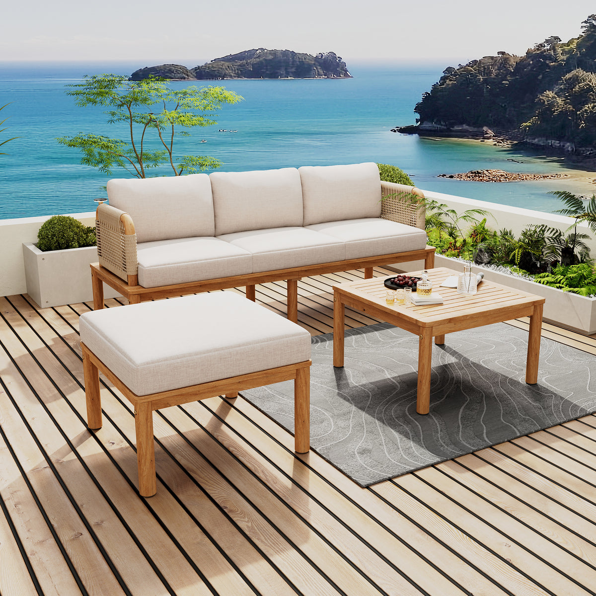Outdoor 3-piece Acacia Wood and Rope Patio Sofa Set