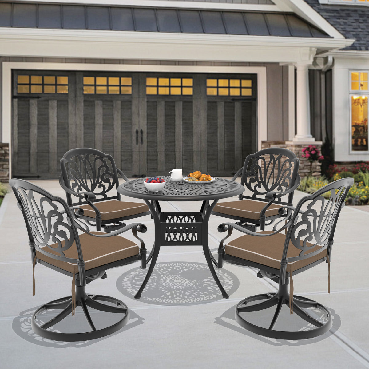 5-Piece All-Weather Cast Aluminum Dining Set, Include 4 Swivel Chairs and 35.43' Round Table With Black Frame (same sku:W1710S00433 )