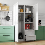 High wardrobe and kitchen cabinet with 2 doors, 2 drawers and 5 storage spaces,white