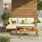 3 Piece Acacia Wood Patio Furniture Set, Outdoor Wicker Furniture Sectional Sofa Set with Coffee Table, 4 Seats Sofa Deep Seating with Soft Cushions for Garden, Backyard, Teak & Mix Brown & Cream