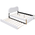 Contemporary Full Size Upholstered Platform Bed with Wood Supporting Feet and Twin Size Trundle, White Berber Fleece