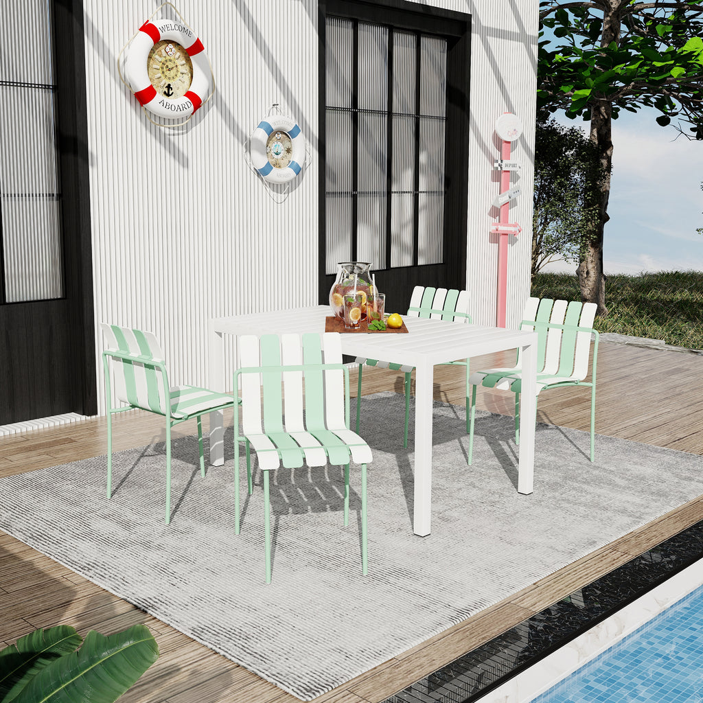 Four-piece Set of Modern Color-block Designed Single Chairs with 55-Inch White Long Table,Green/KhakiWhite, 21.06*22.24*32.28 (in)/ 55.12*31.5*29.53 (in),PP,Metal