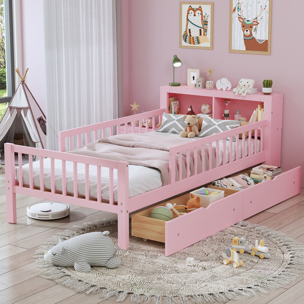 Twin Size Bed with Headboard Storage Rack, Two Under-Bed Drawers, Three-Side Guardrails for Safety and Security,Pink
