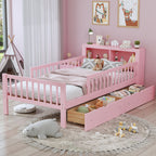 Twin Size Bed with Headboard Storage Rack, Two Under-Bed Drawers, Three-Side Guardrails for Safety and Security,Pink