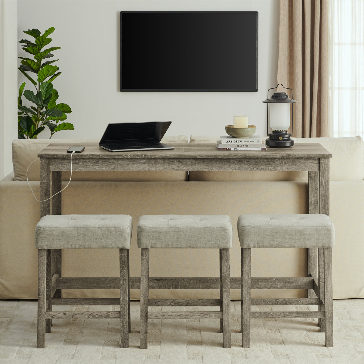 59 Inch Bar Table, Dining Table, Sofa Table with Power Outlet, 3 Upholstered Stools, 4 Piece Bar Table and Chair Set for Living Room, Dining Room, Kitchen