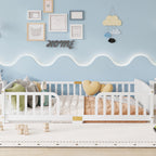 Queen Size Floor Fence Bed with Central Entrance,Pine Wood Floor bed with Guardrails,White