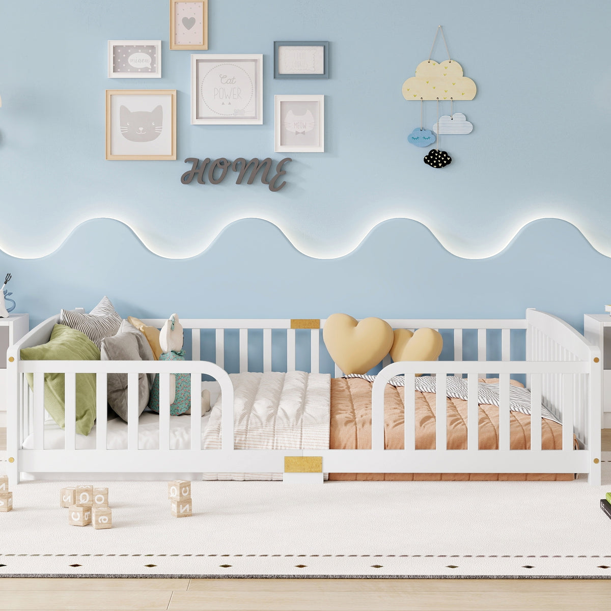 Queen Size Floor Fence Bed with Central Entrance,Pine Wood Floor bed with Guardrails,White