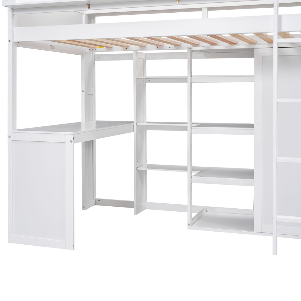 White Wood Twin Size Loft Bed with Built-in Desk, Storage Shelves, and Wardrobe - Solid Wood + MDF